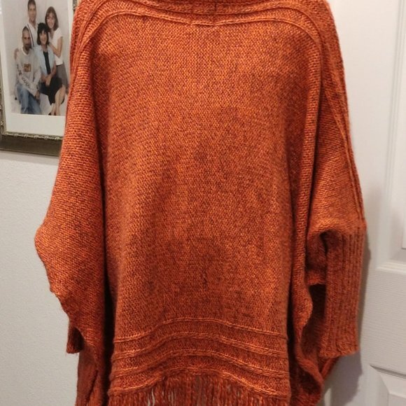 Poncho Oversized Pullover Knit 3/4 Batwing Sleeve Heathered Gray Orange - Picture 2 of 5